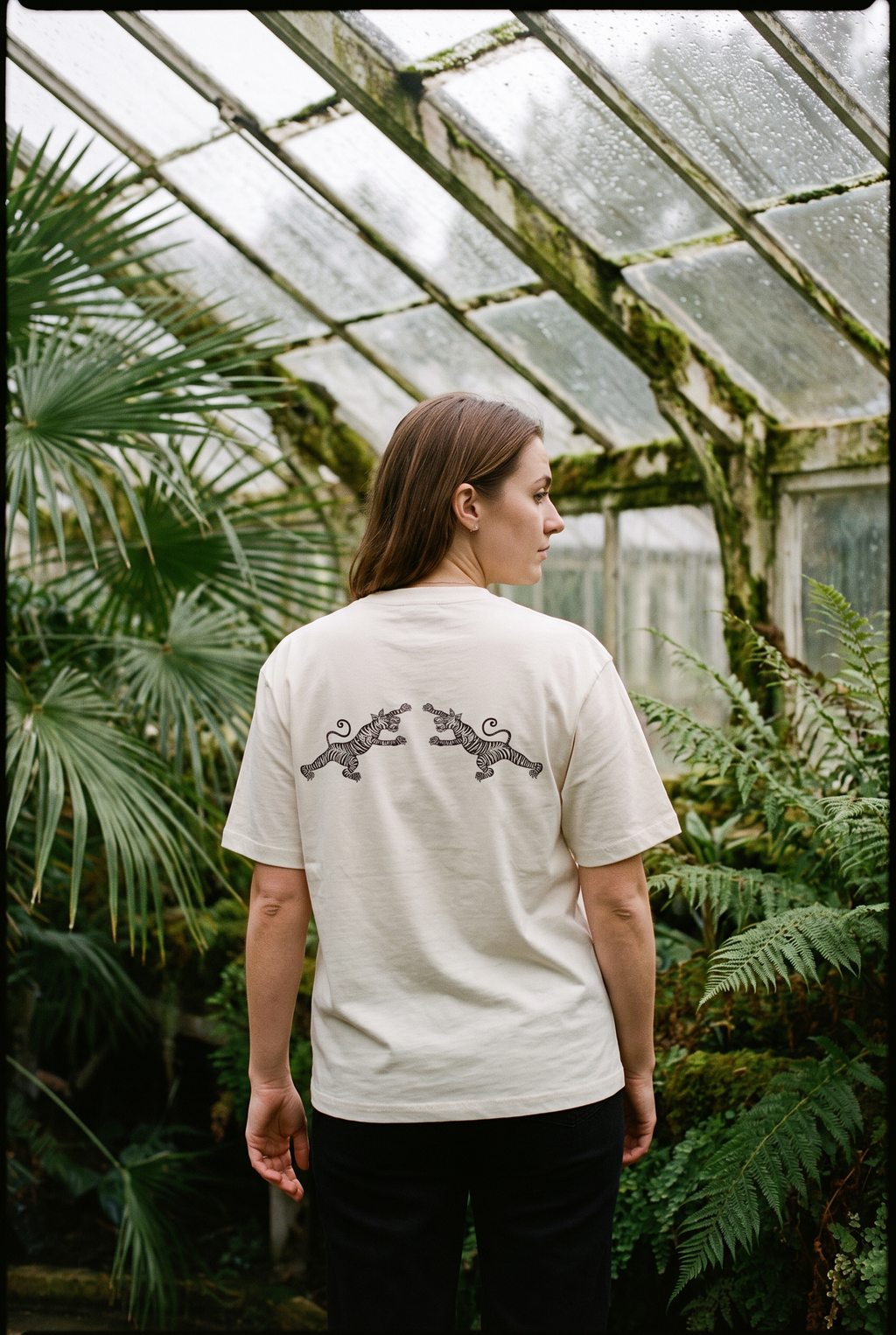 Back of the white Bird of Paradise tee showing the facing tigers print